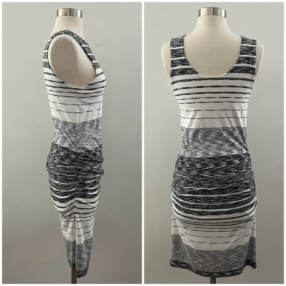 Athleta Stripe Midi Tank Dress Sleeveless Ruched Summer Casual Black White Small - Picture 3 of 9